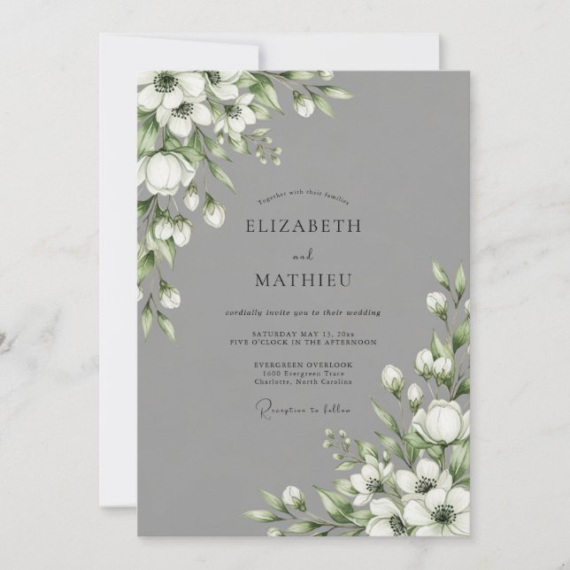 Invitation Mariage Botanique Floral Blanc Gris (Devant)