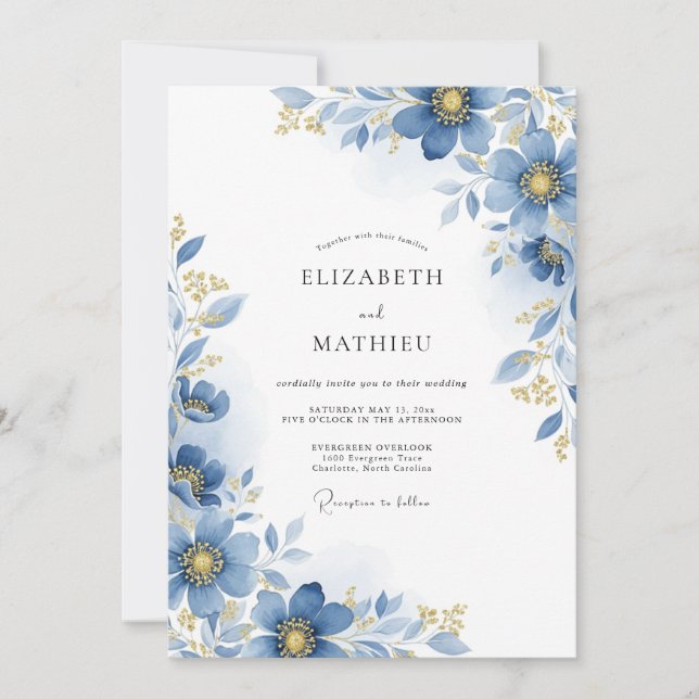 Invitation Mariage Botanique Floral Bleu (Devant)