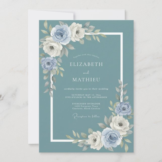 Invitation Mariage Botanique Floral Bleu Ardoise (Devant)
