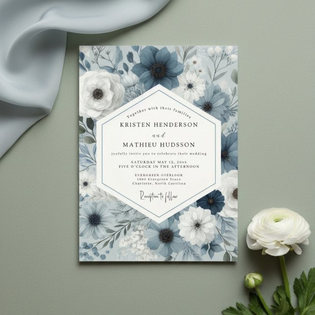 Invitation Mariage Botanique Floral Bleu Ardoise (Créateur téléchargé)