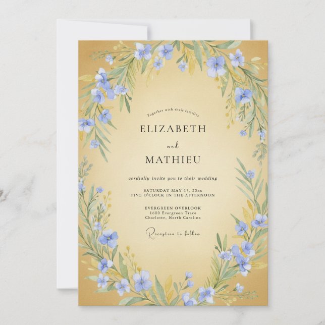 Invitation Mariage Botanique Floral Bleu Céleste (Devant)