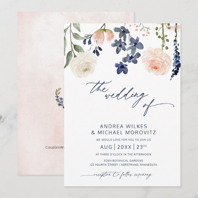 Invitation Mariage botanique floral bleu et pêche (Devant / Derrière)