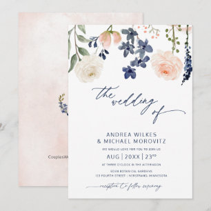 Invitation Mariage botanique floral bleu et pêche