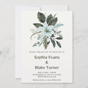 Invitation Mariage botanique floral bleu et vert sur fond bla