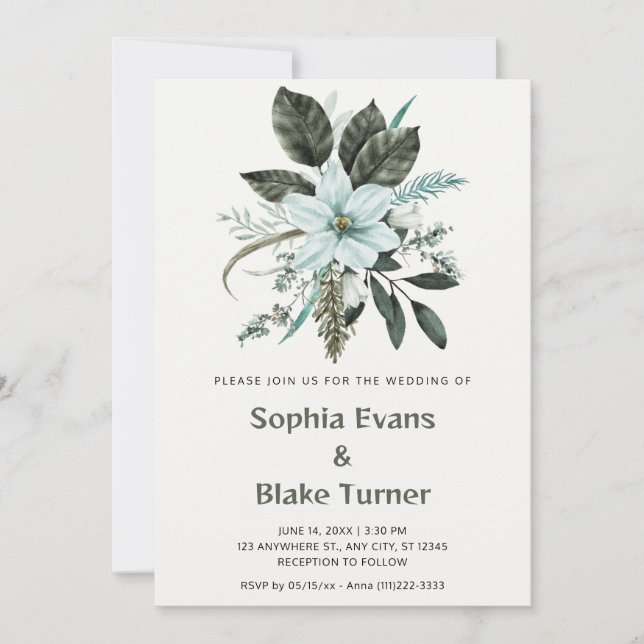Invitation Mariage botanique floral bleu et vert sur fond bla (Devant)