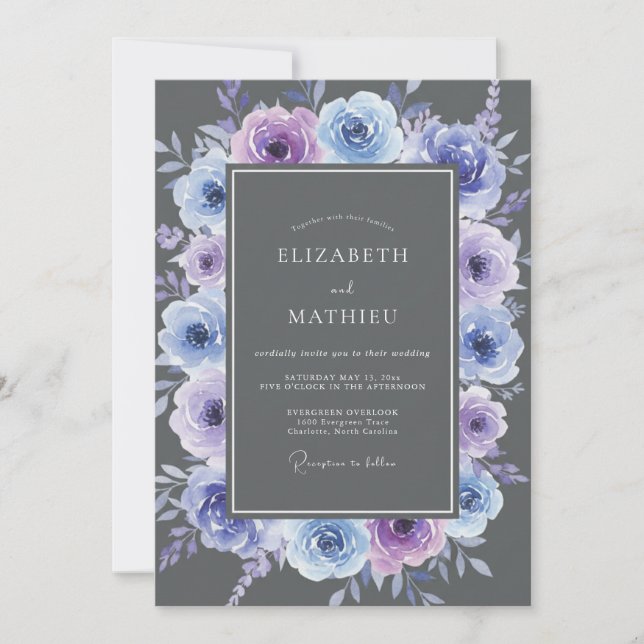 Invitation Mariage Botanique Floral Bleu Lavande (Devant)