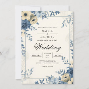 Invitation Mariage Botanique Floral Bleu Poussiéreux
