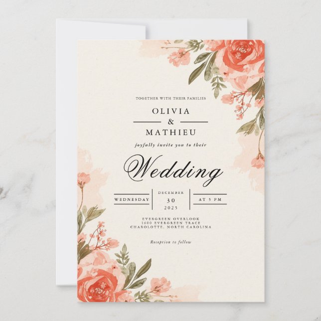 Invitation Mariage botanique floral de corail de Pêche (Devant)