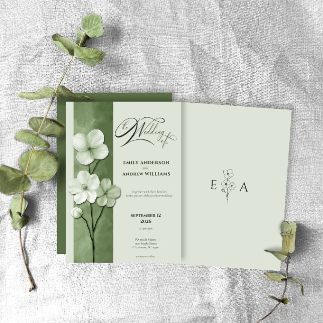 Invitation Mariage Botanique Floral Dessiné à la Main Vert Sa (Créateur téléchargé)