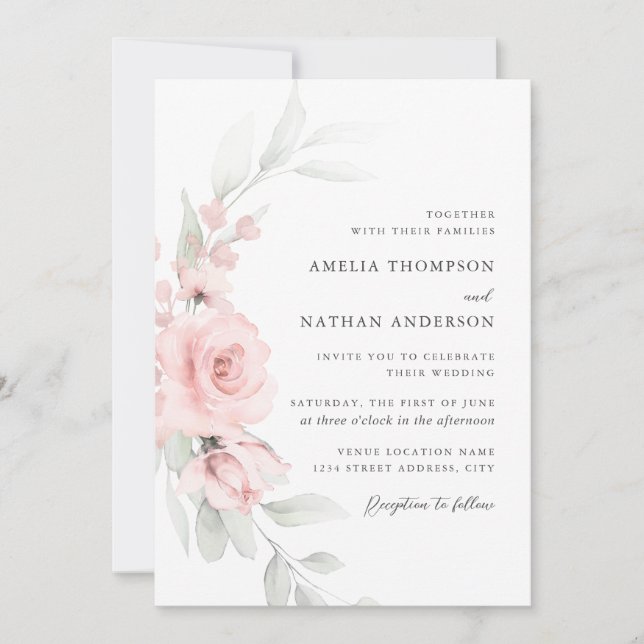 Invitation Mariage Botanique Floral Élégant Rose Blush (Devant)