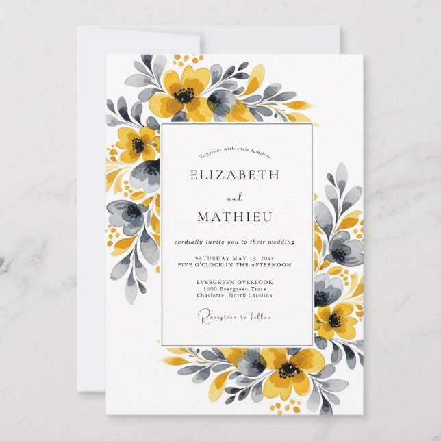 Invitation Mariage Botanique Floral Jaune Moutarde (Devant)