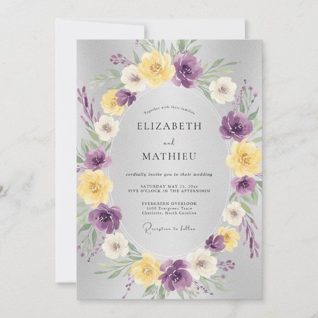Invitation Mariage Botanique Floral Jaune Violet (Devant)