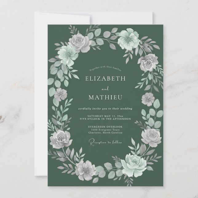 Invitation Mariage Botanique Floral Menthe Sauge (Devant)
