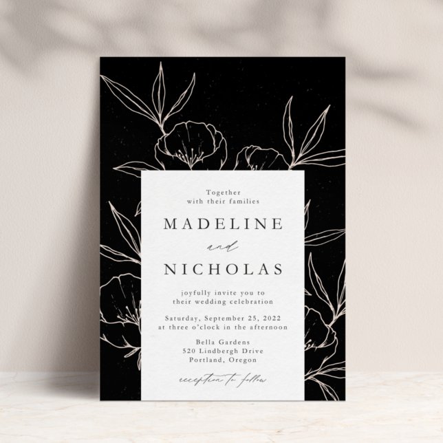 Invitation Mariage botanique floral moderne noir et crème (Créateur téléchargé)