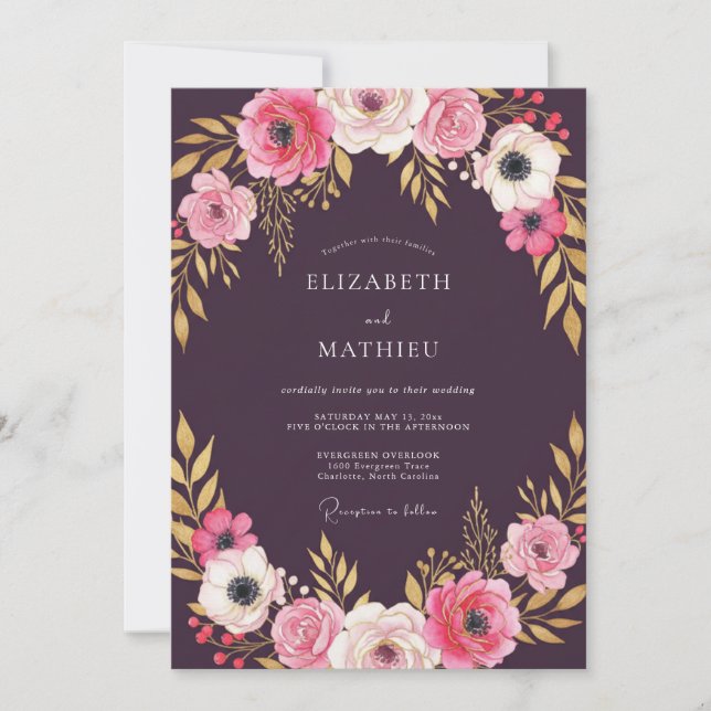 Invitation Mariage Botanique Floral Opulent de Prune (Devant)