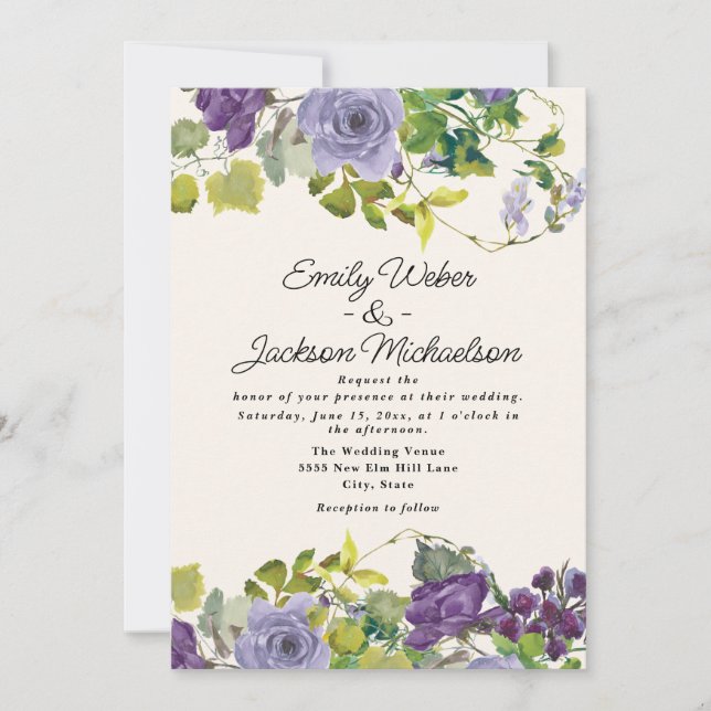 Invitation Mariage botanique floral pourpre (Devant)