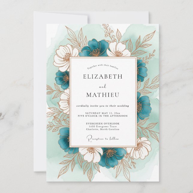 Invitation Mariage Botanique Floral Romance Teal (Devant)