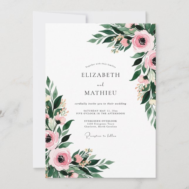 Invitation Mariage botanique floral rose (Devant)
