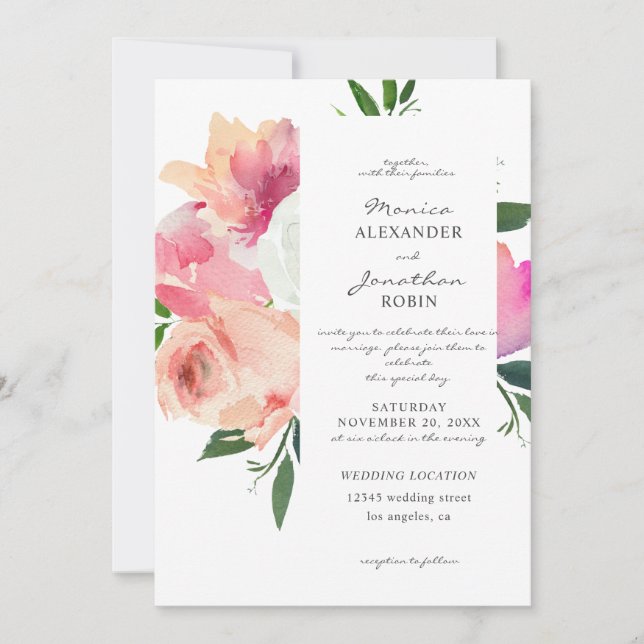 Invitation Mariage botanique floral rose et gris V2 (Devant)