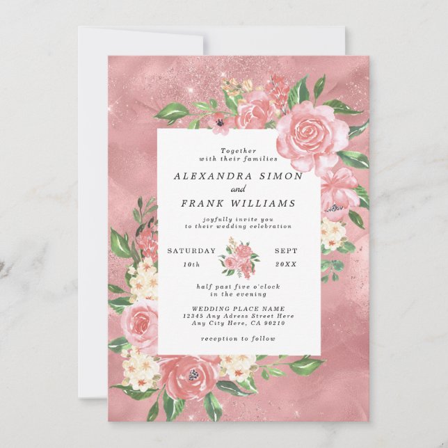 Invitation Mariage Botanique Floral Rose Gold Aquarelle Rose (Devant)
