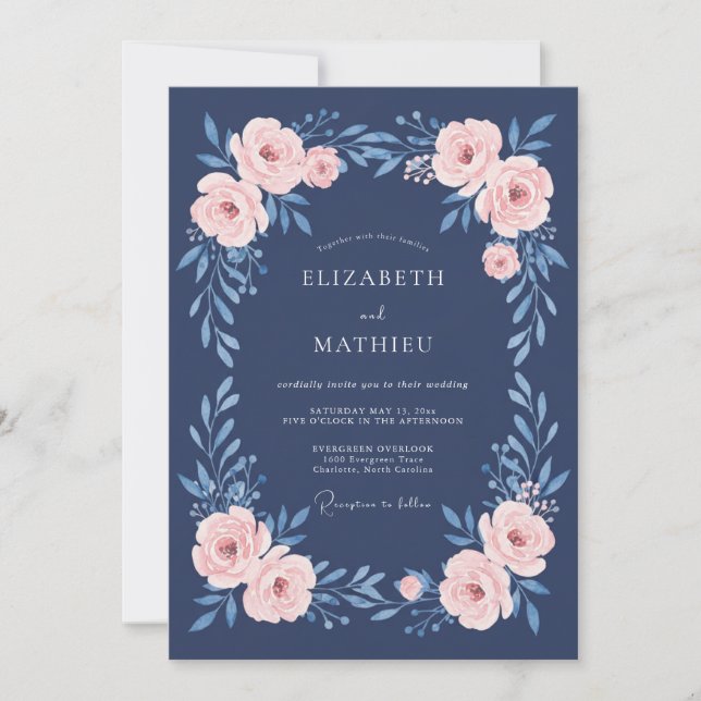 Invitation Mariage Botanique Floral Rose Navy (Devant)