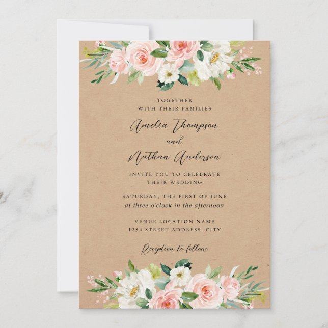 Invitation Mariage Botanique Floral Rose Rustique de Campagne (Devant)