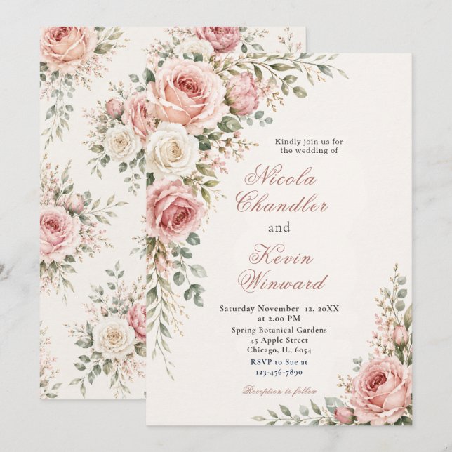 Invitation Mariage Botanique Floral Rose Tendre (Devant / Derrière)