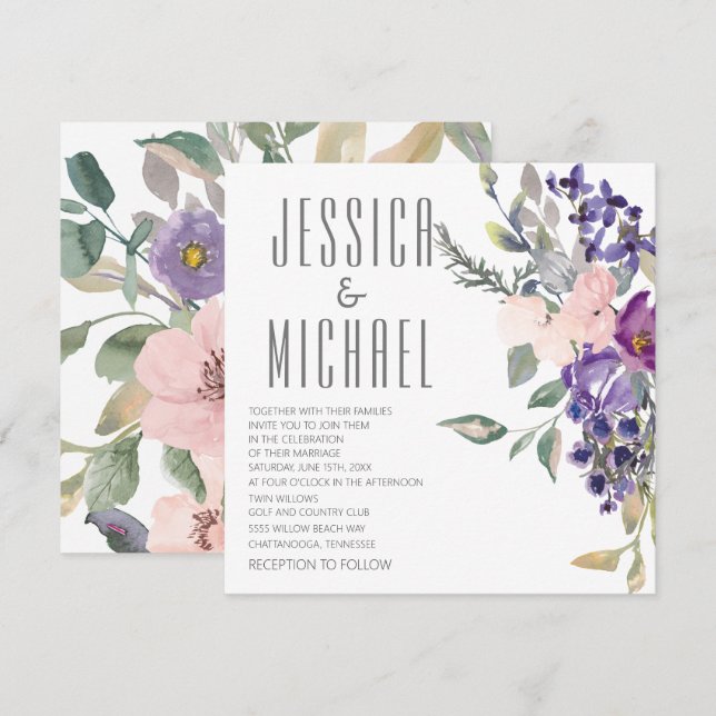 Invitation Mariage botanique floral rose violet (Devant / Derrière)