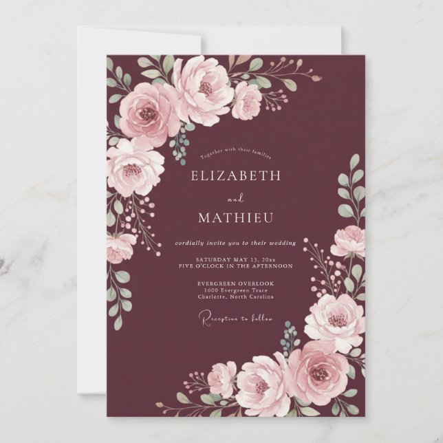 Invitation Mariage Botanique Floral Rouge Blush (Devant)