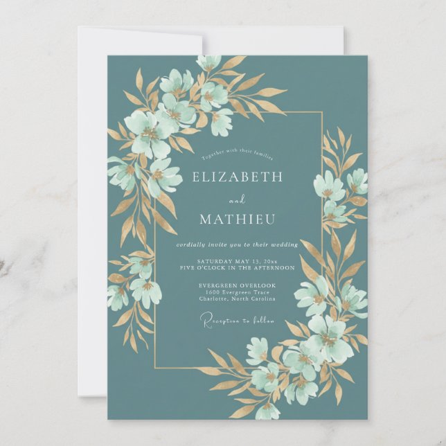 Invitation Mariage Botanique Floral Sarcelle (Devant)