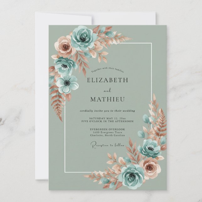 Invitation Mariage Botanique Floral Sauge (Devant)