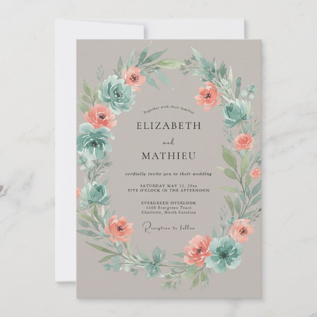 Invitation Mariage Botanique Floral Teal Abricot (Devant)