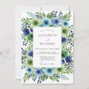Invitation Mariage Botanique Floral Vert Bleu
