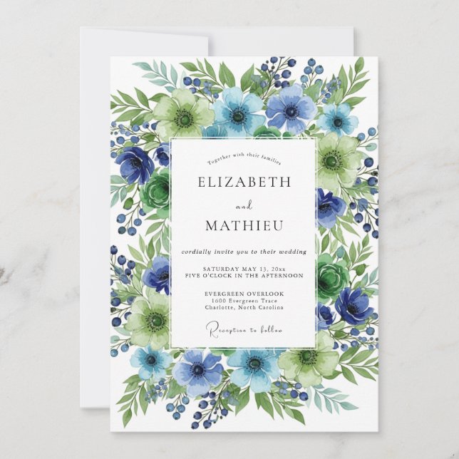 Invitation Mariage Botanique Floral Vert Bleu (Devant)