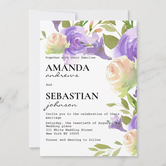 Invitation Mariage botanique floral vert menthe rose lavande  (Devant)