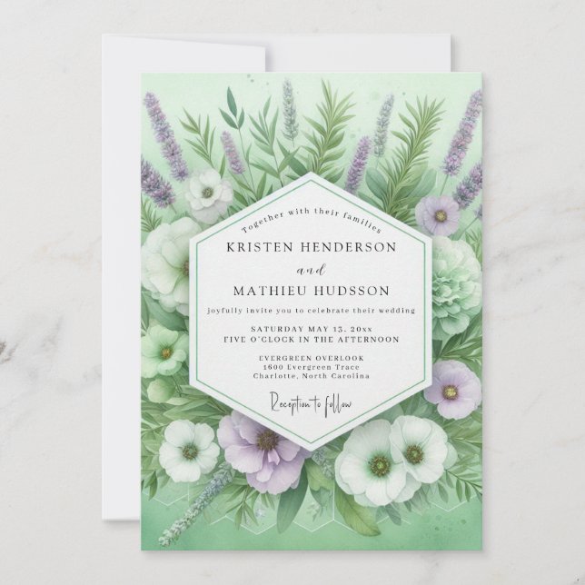 Invitation Mariage Botanique Floral Vert Sauge (Devant)
