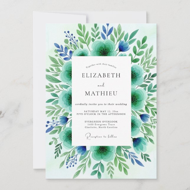 Invitation Mariage Botanique Floral Vert Turquoise (Devant)