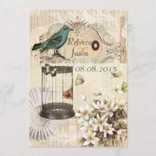 Invitation Mariage botanique floral vintage d'oiseau