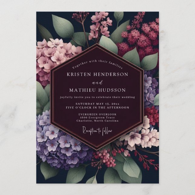 Invitation Mariage Botanique Foncé de Bourgogne (Devant)
