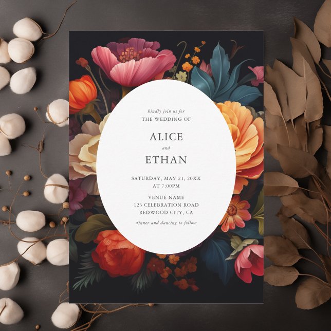 Invitation Mariage botanique foncé en fleurs vives (Créateur téléchargé)