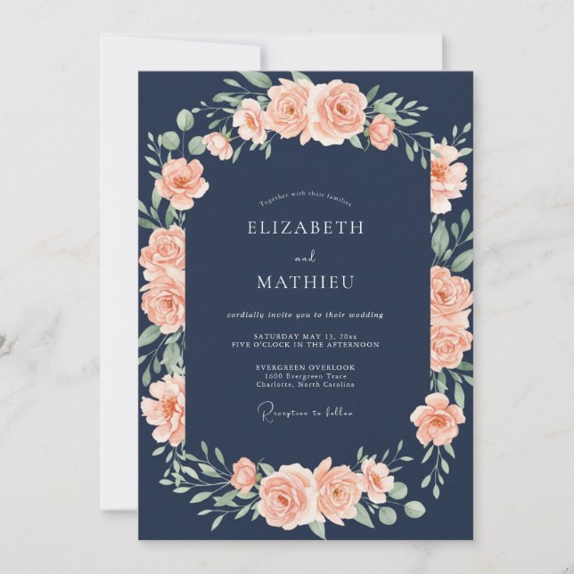 Invitation Mariage Botanique Foncé Navy et Pêche (Devant)