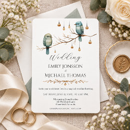 Invitation Mariage botanique forestier aux oiseaux bleus élég