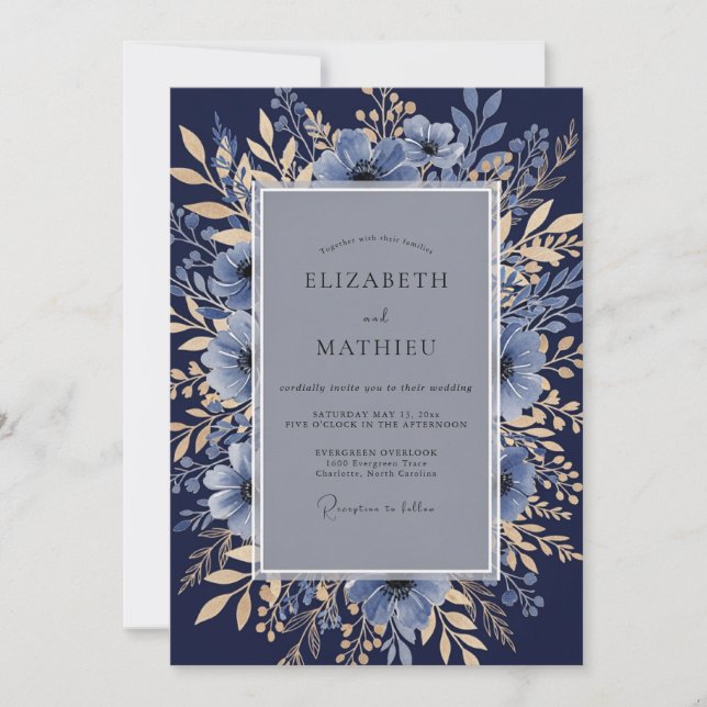 Invitation Mariage Botanique Formel Bleu Nuit (Devant)