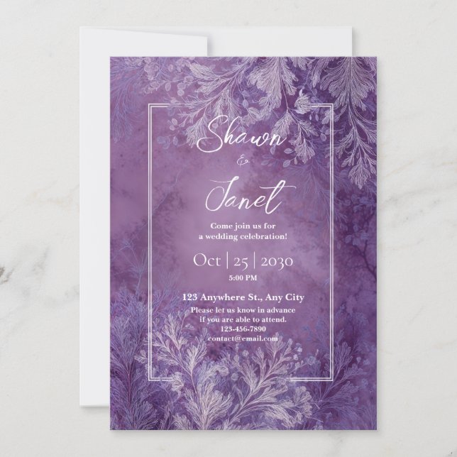 Invitation Mariage Botanique Fougère Violette Givrée d'Argent (Devant)