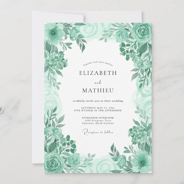 Invitation Mariage Botanique Frais Vert Menthe (Devant)