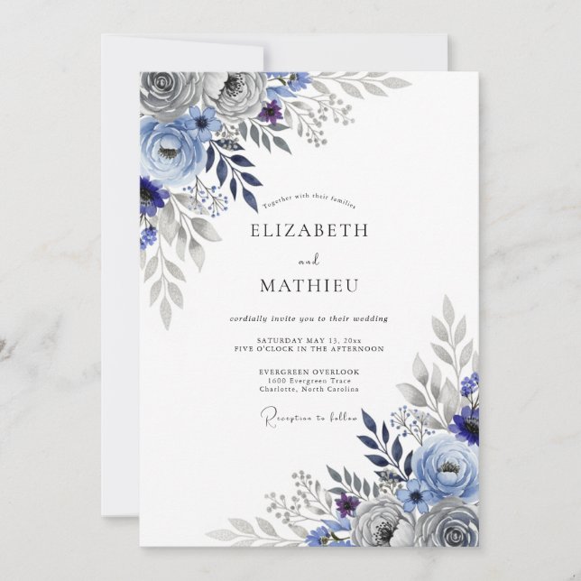 Invitation Mariage Botanique Frappe Bleu Ardoise (Devant)