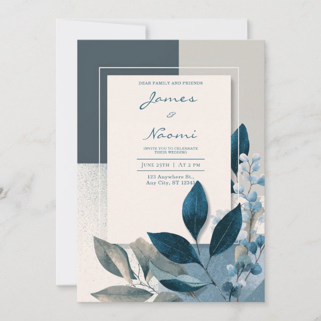 Invitation Mariage botanique géométrique bleu et beige modern (Devant)
