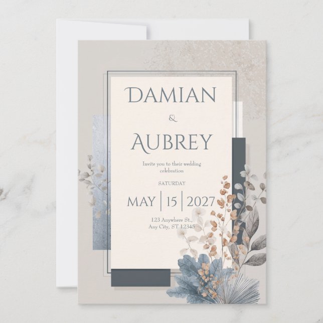 Invitation Mariage Botanique Géométrique en Terre Cuite Bleu  (Devant)