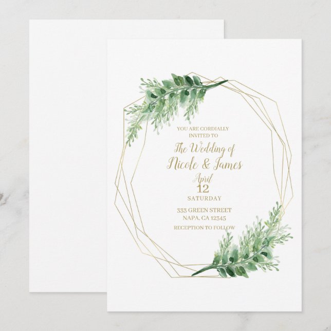 Invitation Mariage Botanique Géométrique Moderne Luxueux Doré (Devant / Derrière)