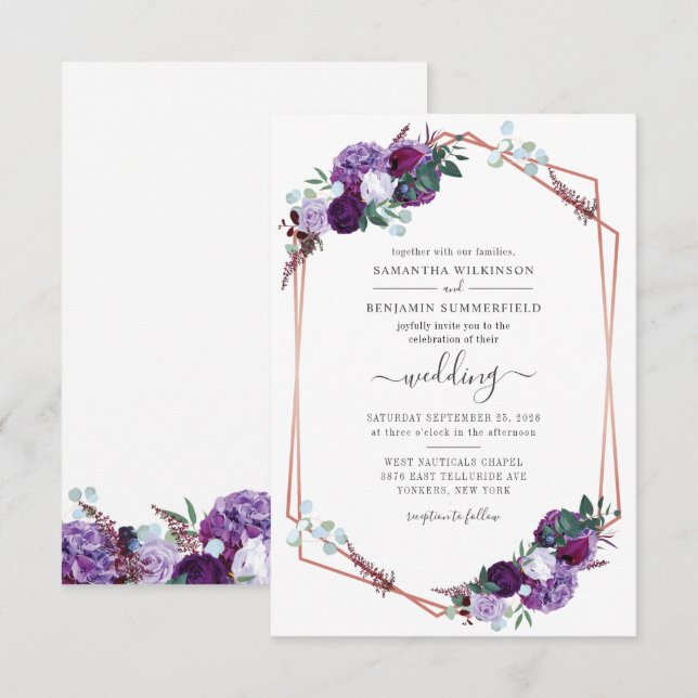 Invitation Mariage Botanique Géométrique Moderne Violet (Devant / Derrière)